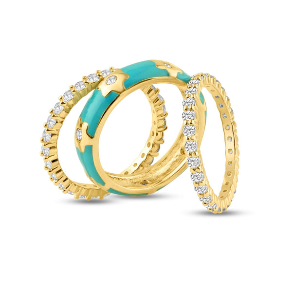 Silver 925 Gold Plated Blue Enamel CZ Flower Stackable Ring Set - STR00554 | Silver Palace Inc.