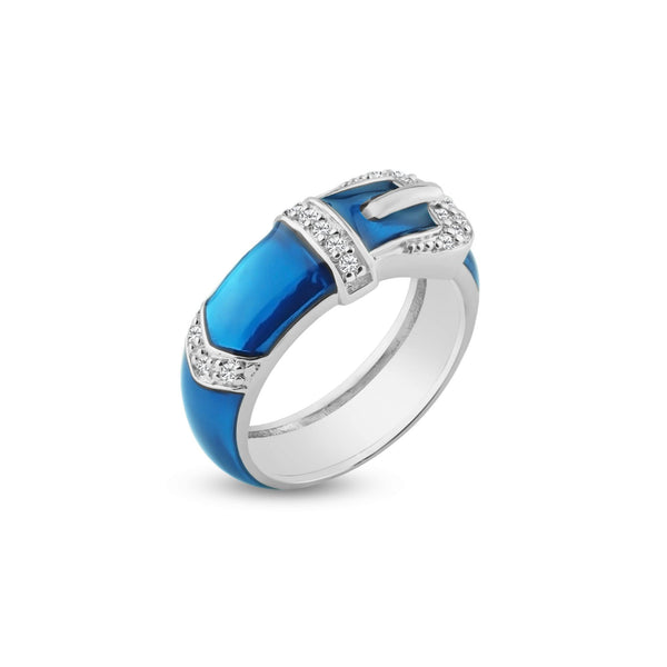 Silver 925 Rhodium Plated Blue Enamel CZ Belt Buckle Ring - STR00614 | Silver Palace Inc.