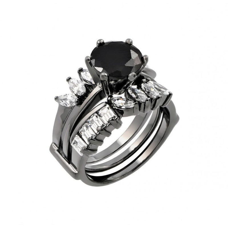 Silver 925 Black Rhodium Plated Black Center Clear Baguette Marquise CZ Ring - STR00757BLK | Silver Palace Inc.