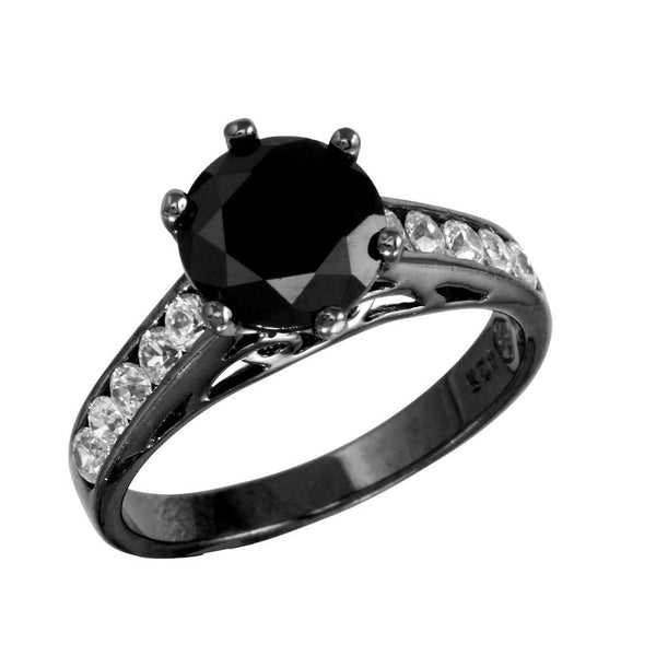 Silver 925 Black Rhodium CZ Shank Black CZ Center Stone Ring - STR00758BLK | Silver Palace Inc.