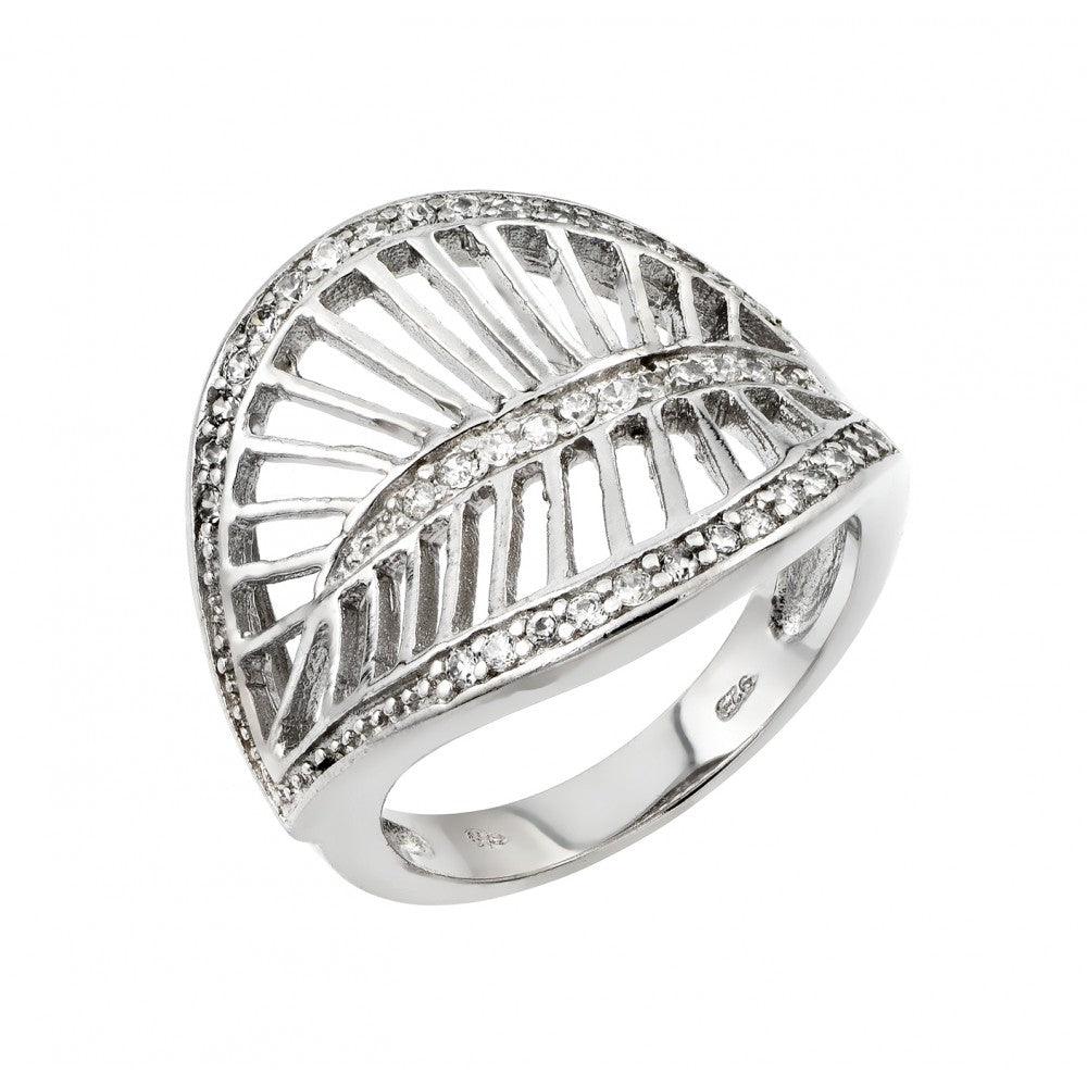 Silver 925 Rhodium Plated Clear CZ Filigree Leaf Ring - STR00972 | Silver Palace Inc.