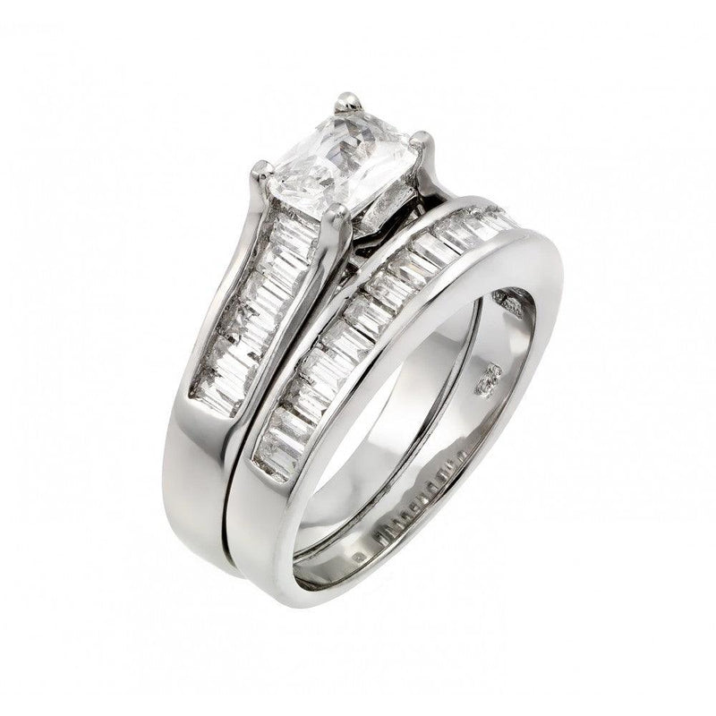 Silver 925 Rhodium Plated Clear Baguette CZ Engagement Ring Pair Set - STR00974 | Silver Palace Inc.