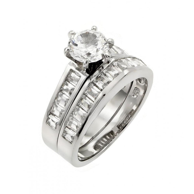 Silver 925 Rhodium Plated Clear Baguette CZ Engagement Ring Pair Set - STR00977 | Silver Palace Inc.