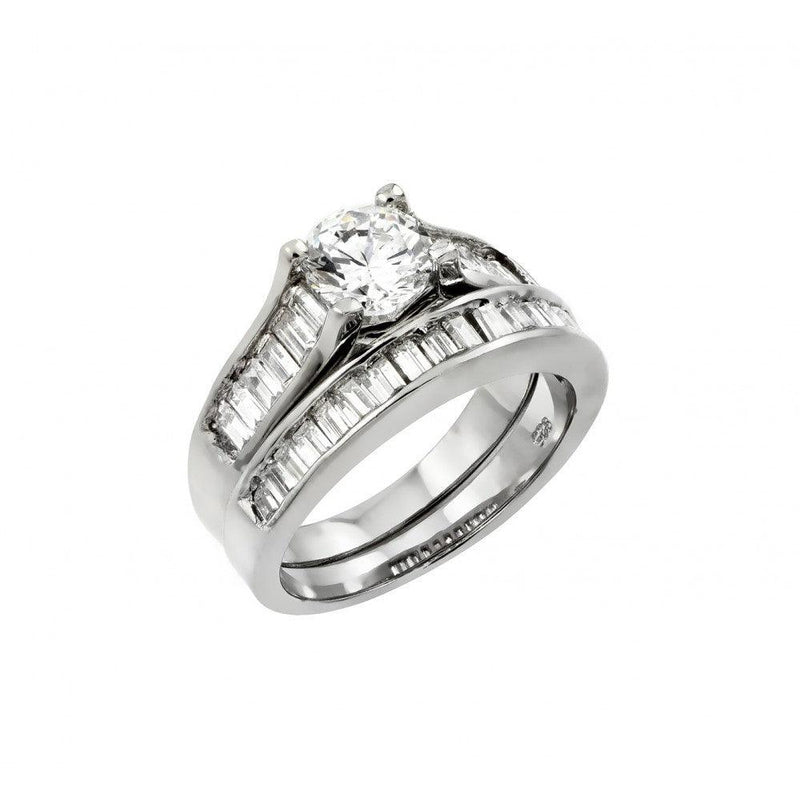 Silver 925 Rhodium Plated Clear Baguette CZ Engagement Ring Pair Set - STR00978 | Silver Palace Inc.