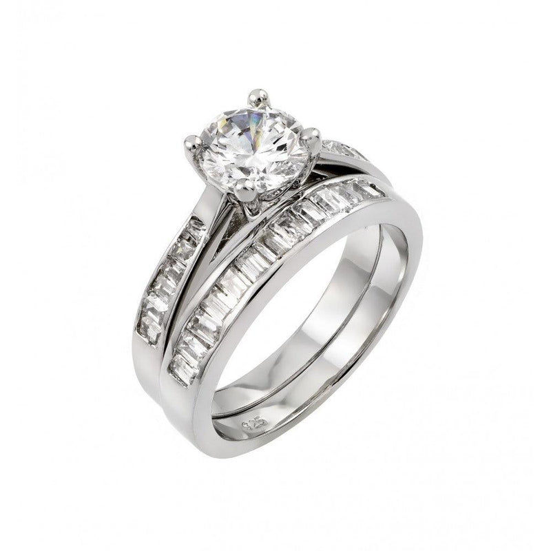 Silver 925 Rhodium Plated Clear Baguette CZ Engagement Ring Pair Set - STR00979 | Silver Palace Inc.