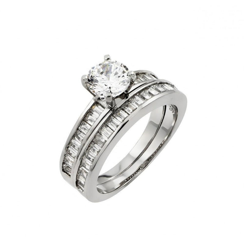Silver 925 Rhodium Plated Clear Baguette Round CZ Engagement Ring Pair Set - STR00984 | Silver Palace Inc.