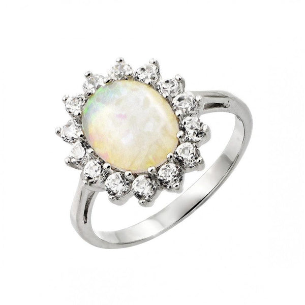 Silver 925 Rhodium Plated White Opal Center Clear CZ Sun Ring - STR00991 | Silver Palace Inc.