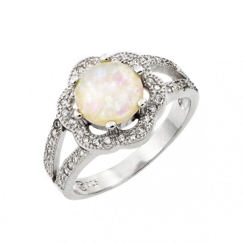 Silver 925 Rhodium Plated White Opal Center Clear Cluster CZ Flower Ring - STR00992 | Silver Palace Inc.