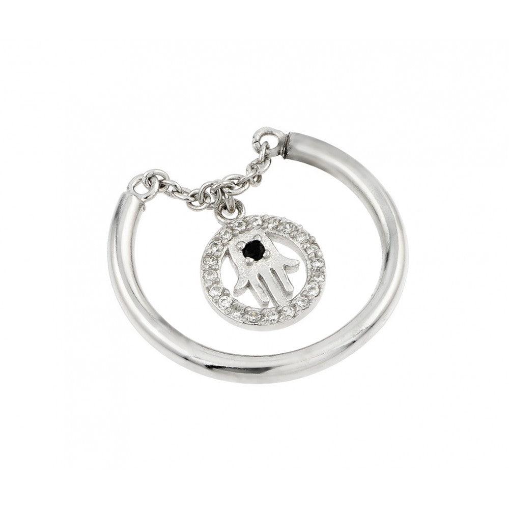 Silver 925 Rhodium Plated Hamsa Circle Black CZ Ring - STR01012 | Silver Palace Inc.