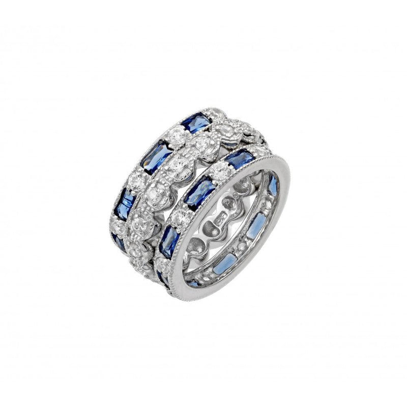 Silver 925 Rhodium Plated Blue Baguette and Round Clear CZ Ring - STR01019 | Silver Palace Inc.