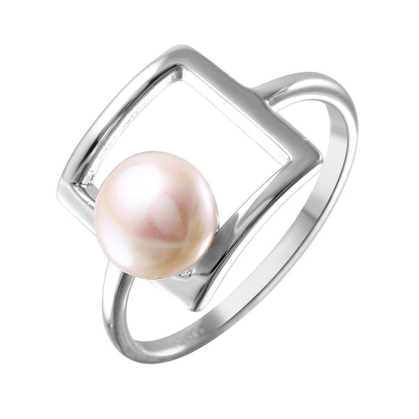 Silver 925 Rhodium Plated Open Square Synthetic Pearl Ring - STR01038 | Silver Palace Inc.