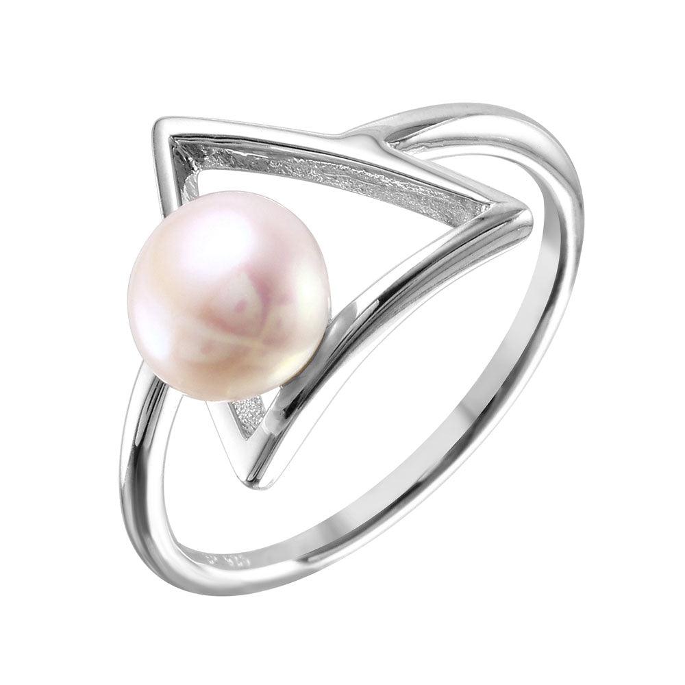 Silver 925 Rhodium Plated Open Triangle Fresh Water Pearl Ring - STR01039 | Silver Palace Inc.