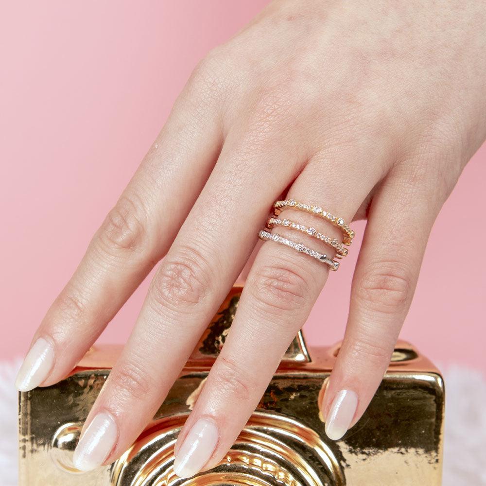 Anillos de circonita cúbica apilables redondos de tres piezas multichapados en plata 925 - STR01041TRI