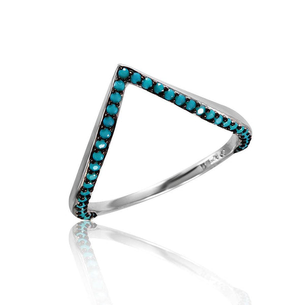 Silver 925 Rhodium Plated V Ring with Synthetic Turquoise Stones - STR01054 | Silver Palace Inc.