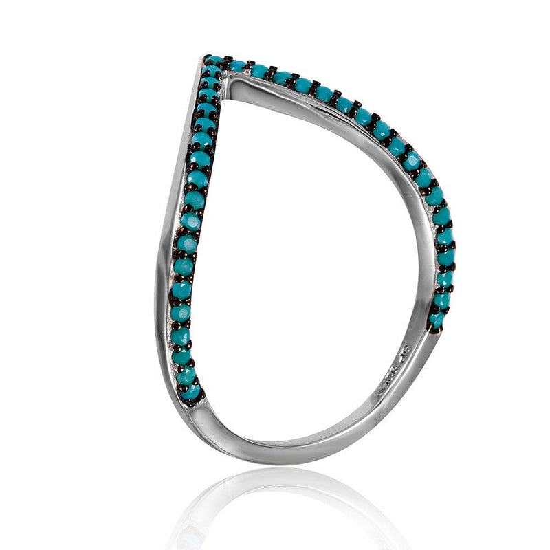 Silver 925 Rhodium Plated V Ring with Synthetic Turquoise Stones - STR01054