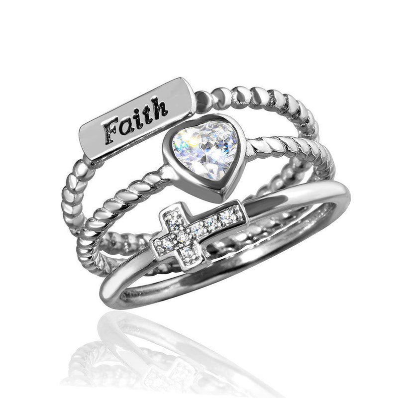 Silver 925 Rhodium Plated Triple Band Faith Heart Cross Ring with CZ - STR01059 | Silver Palace Inc.