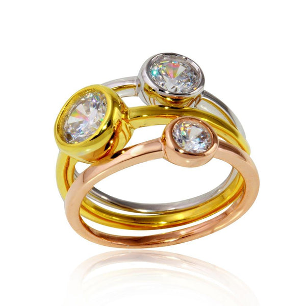 Silver 925 Tri-Color Plated Stackable Trio Round CZ Ring - STR01067 | Silver Palace Inc.