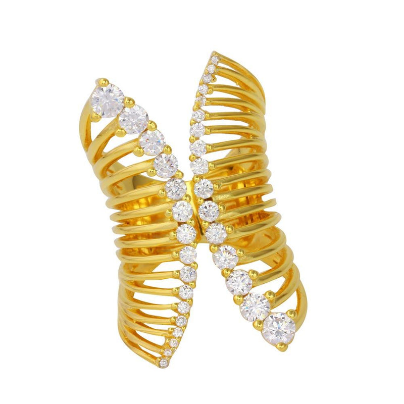 Silver 925 Gold Plated Adjustable Spiral Ring with Clear Journey CZ - STR01071GP | Silver Palace Inc.