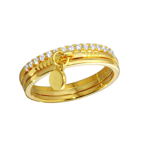 Silver 925 Gold Plated Tri CZ Stackable With Hanging Disc Ring - STR01106GP | Silver Palace Inc.