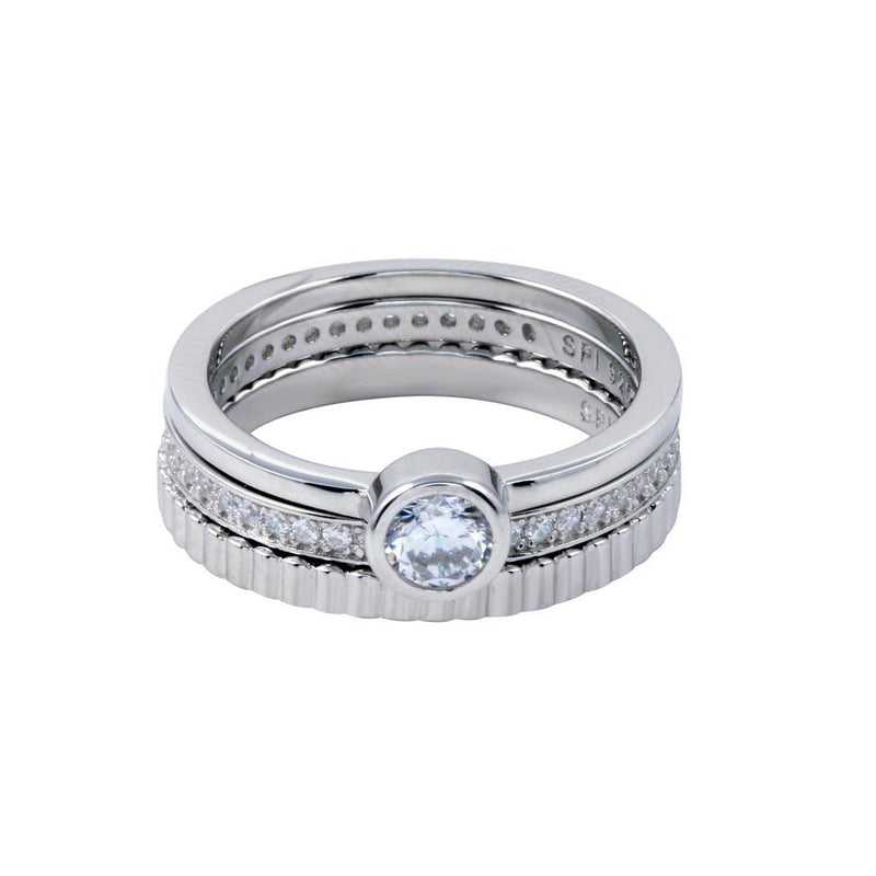 Rhodium Plated 925 Sterling Silver Channel Center CZ Stackable Ring Set - STR01125 | Silver Palace Inc.