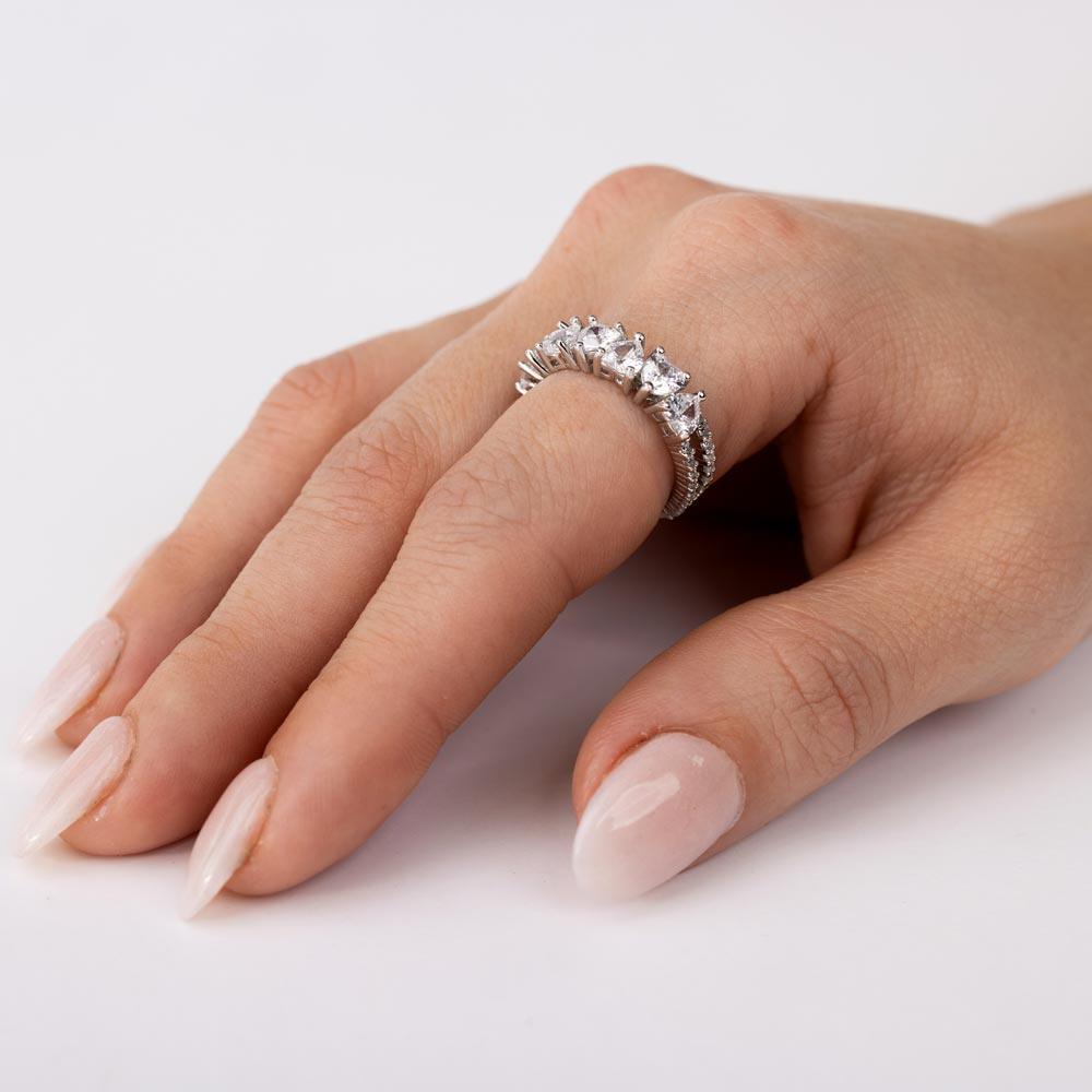Rhodium Plated 925 Sterling Silver Two Bar Multi Heart CZ Ring - STR01133RH