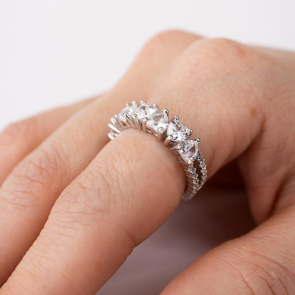 Rhodium Plated 925 Sterling Silver Two Bar Multi Heart CZ Ring - STR01133RH