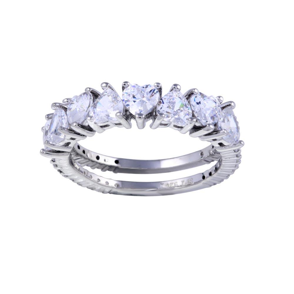 Rhodium Plated 925 Sterling Silver Two Bar Multi Heart CZ Ring - STR01133RH | Silver Palace Inc.