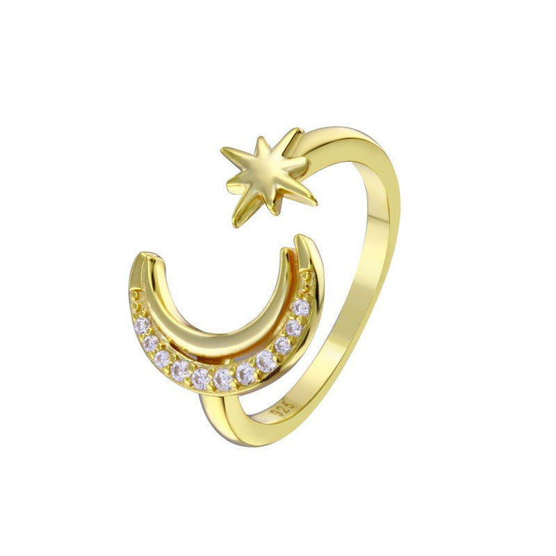 Gold Plated 925 Sterling Silver Cresent Moon and Star CZ Ring - STR01137GP