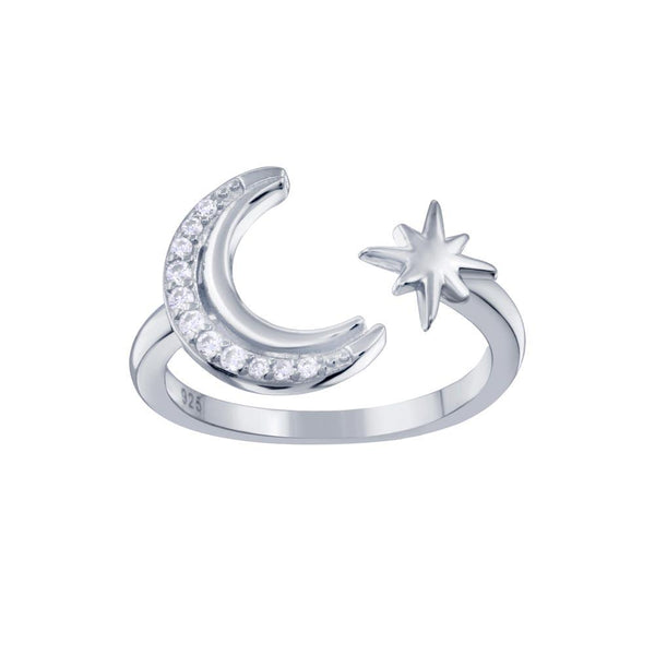 Rhodium Plated 925 Sterling Silver Cresent Moon and Star CZ Ring - STR01137RH | Silver Palace Inc.