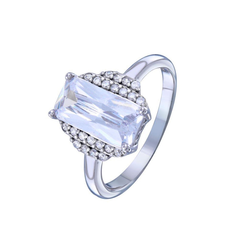 Rhodium Plated 925 Sterling Silver Layered Rectangle Center CZ Bridal Ring - STR01139