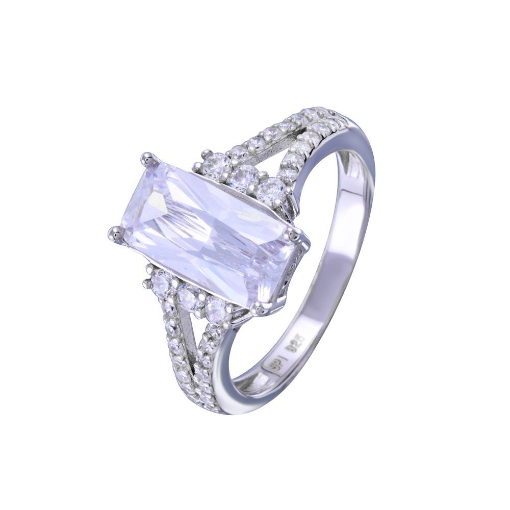 Rhodium Plated 925 Sterling Silver Open Shank Wide Rectangle Center CZ Bridal Ring - STR01141