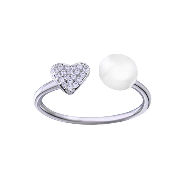 Rhodium Plated 925 Sterling Silver Synthetic Pearl Heart CZ Open Ring - STR01150 | Silver Palace Inc.