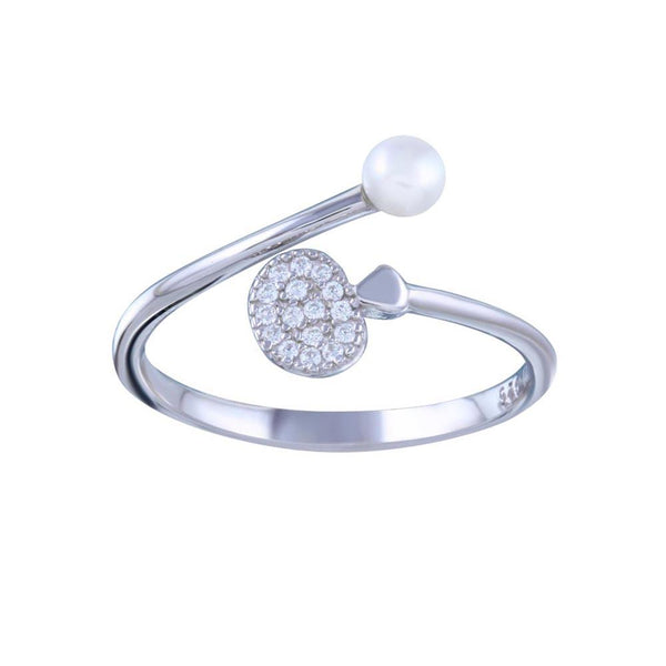 Rhodium Plated 925 Sterling Silver Synthetic Pearl Disc CZ Open Ring - STR01152 | Silver Palace Inc.