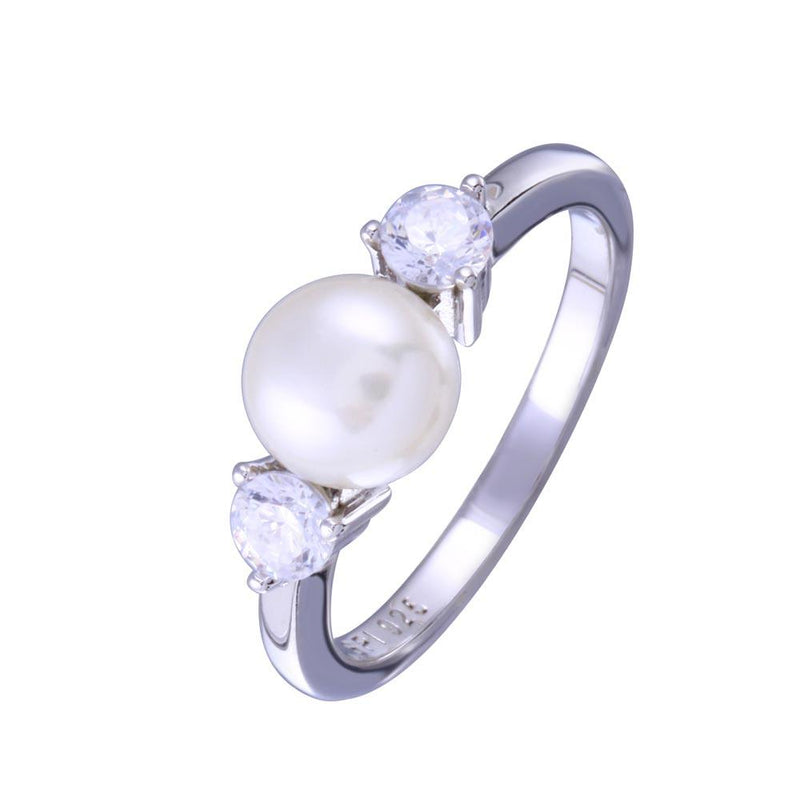 Rhodium Plated 925 Sterling Silver Freshwater Pearl with Clear CZ Ring - STR01159