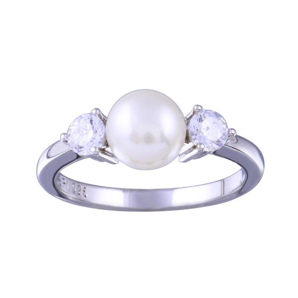 Rhodium Plated 925 Sterling Silver Freshwater Pearl with Clear CZ Ring - STR01159 | Silver Palace Inc.