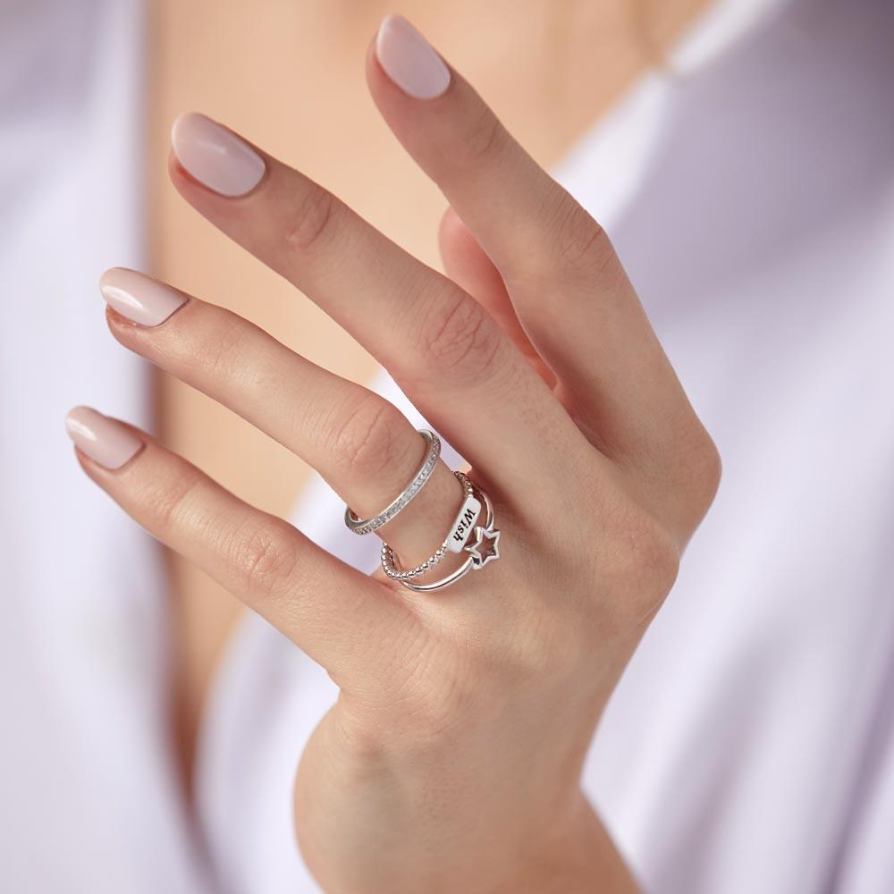 Anillo de boda de estrella de deseo de triple banda chapado en rodio de plata 925 con circonita cúbica - STR01061