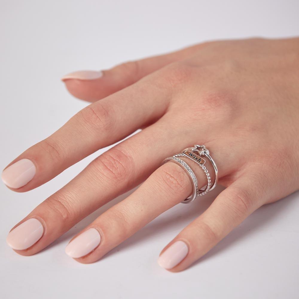Silver 925 Rhodium Plated Triple Band Wish Star Wedding Ring with CZ - STR01061