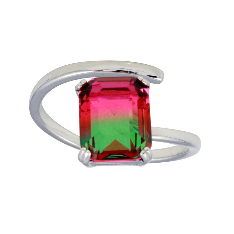 Silver 925 Rhodium Plated Rectangle Open Shank Green to Red Gradient CZ Ring - STR01108 | Silver Palace Inc.