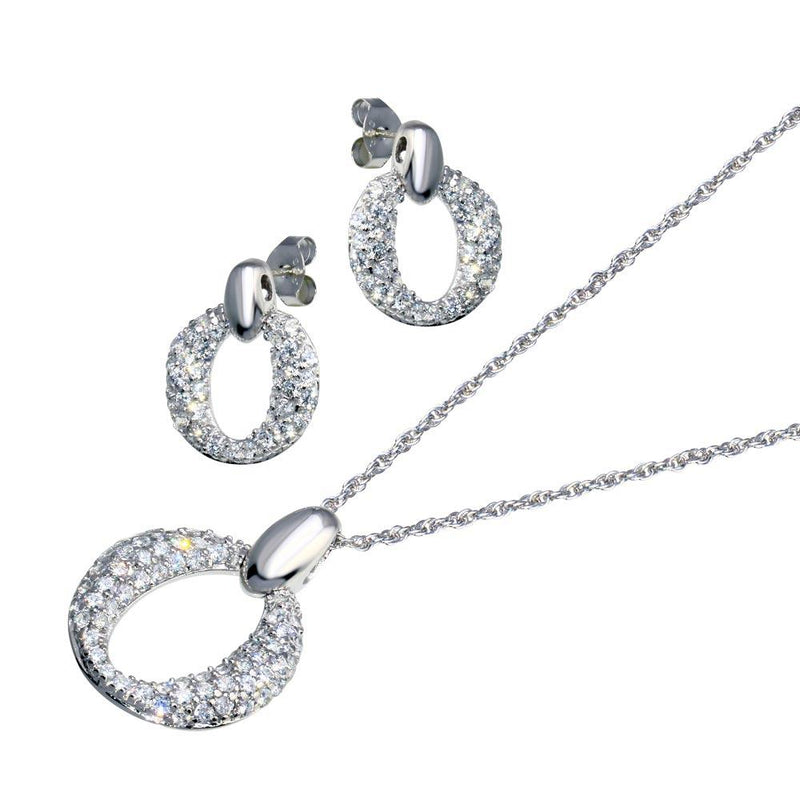 Closeout-Silver 925 Rhodium Plated Open Circle Oval CZ Dangling Earring and Necklace Set - STS00001 | Silver Palace Inc.