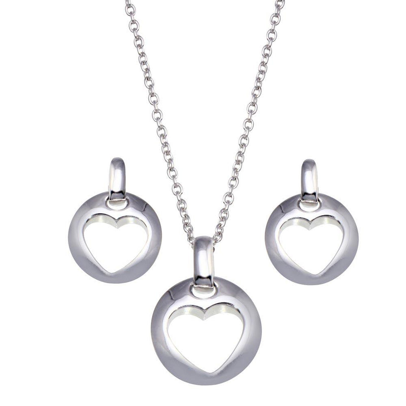 Closeout-Silver 925 Rhodium Plated Open Circle Heart Stud Earring and Dangling Necklace Set - STS00028 | Silver Palace Inc.