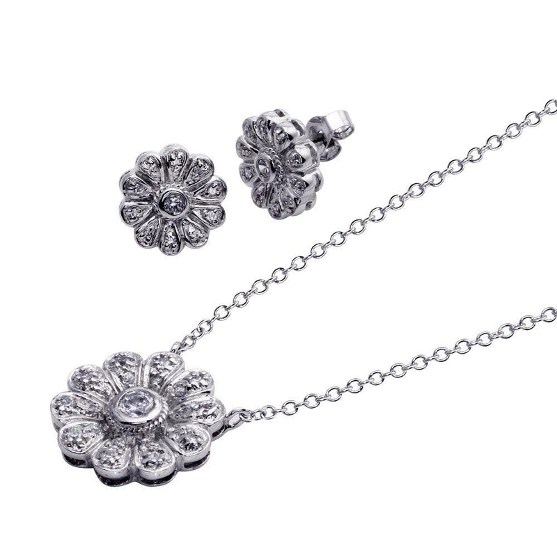 Closeout-Silver 925 Rhodium Plated Flower CZ Stud Earring and Necklace Set - STS00044 | Silver Palace Inc.