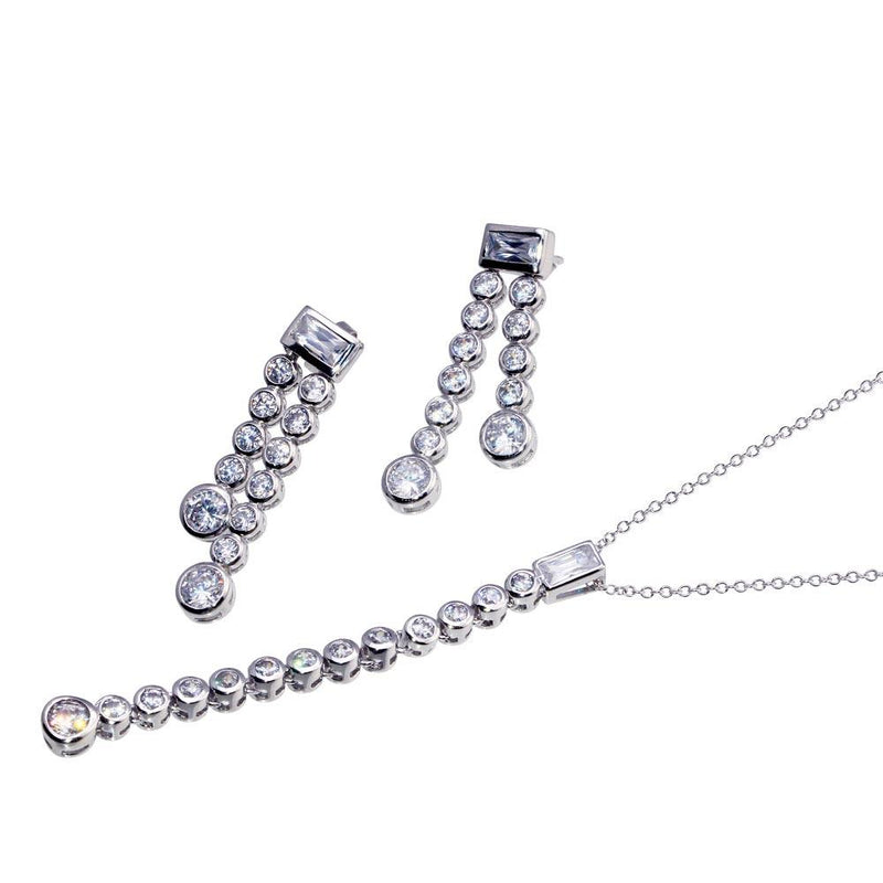 Closeout-Silver 925 Rhodium Plated Two Graduated Round Strand Baguette CZ Stud Earring and Necklace Set - STS00045 | Silver Palace Inc.