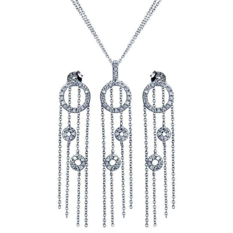 Closeout-Silver 925 Rhodium Plated Heart Open Circle CZ Multi Strand Stud Earring and Necklace Set - STS00062 | Silver Palace Inc.