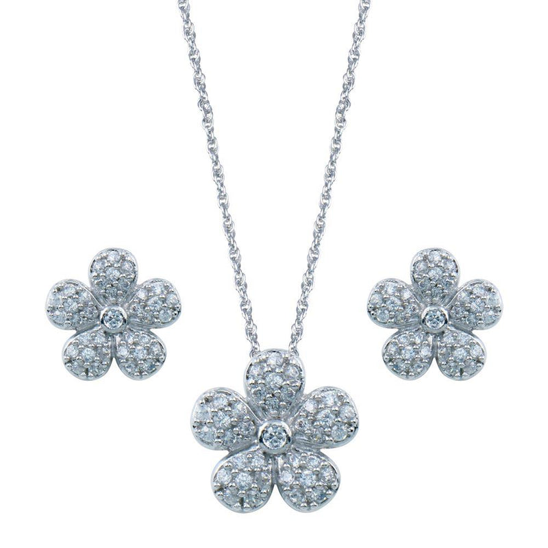 Rhodium Plated 925 Sterling Silver Flower CZ Inlay Stud Earring and Necklace Set - STS00064 | Silver Palace Inc.