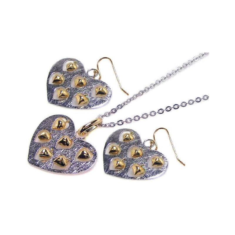 Closeout-Silver 925 Two-Toned Heart Necklace and Earrings Set with Mini Dangling Hearts - STS00072 | Silver Palace Inc.