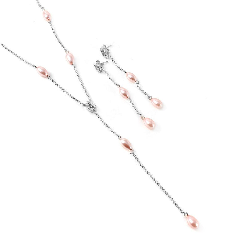 Silver 925 Rhodium Plated Pink Oval Bead Set - STS00083 | Silver Palace Inc.