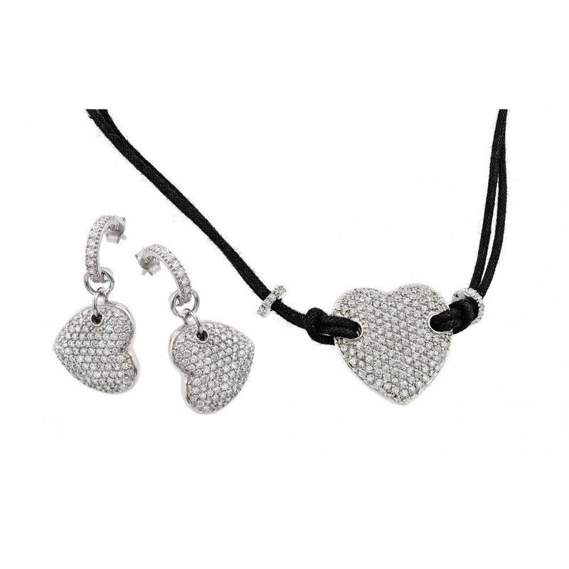 Closeout-Silver 925 Rhodium Plated Heart CZ Dangling Stud Earring and Black Escape Rope Necklace Set - STS00094 | Silver Palace Inc.