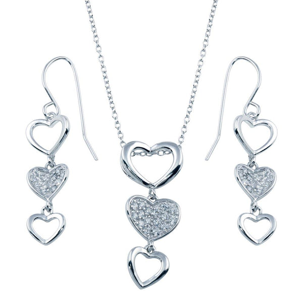 Rhodium Plated 925 Sterling Silver Multiple Graduated Open and Closed Heart CZ Hook Earring and Necklace Set - STS00103 | Silver Palace Inc.