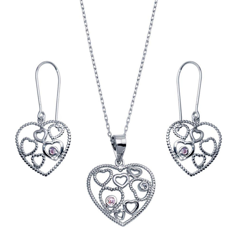 Closeout-Silver 925 Rhodium Plated Graduated Multiple Open Heart CZ Hook Earring and Necklace Set - STS00143 | Silver Palace Inc.
