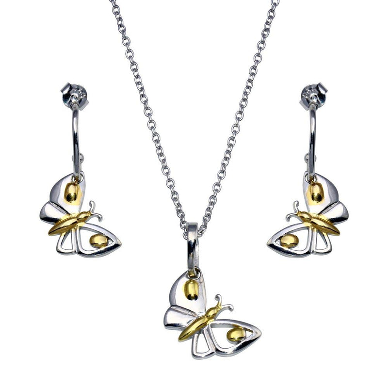 Closeout-Silver 925 Gold and Rhodium Plated Butterfly CZ Dangling Hook Earring and Necklace Set - STS00146 | Silver Palace Inc.